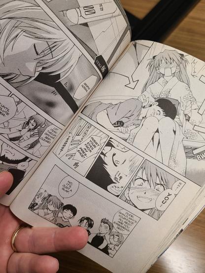 Photograph of a page from the first volume of Neon Genesis Evangelion: The Shinji Ikari Raising Project. It shows various black and white scenes, with the upper right scene showing Shinji laying down on Asuka's lap and the two looking embarrassed.