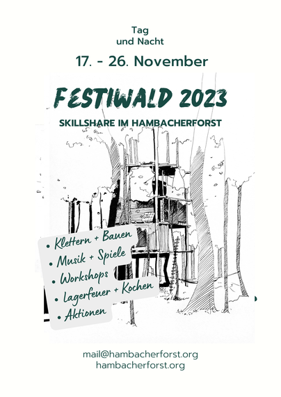 Festiwald Poster: Dunkelgrüne Schrift auf Weiss. Dahinter Grafik von Wald und Baumhaus.