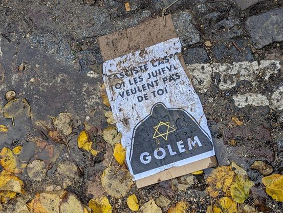 Une affiche du collectif Golem gît par terre, parmi les feuilles mortes jaunies. On y voit la silhouette noire du Golem et le slogan "Fasciste, casse-toi ! Les juifves veulent pas de toi !"