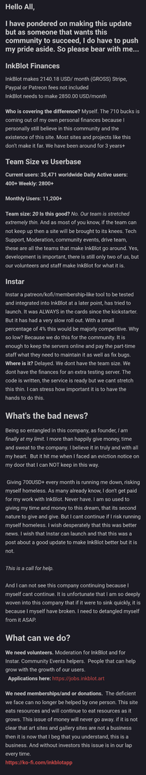 Too large to transcribe fully. Summary is a description of the 700$ the founder loses in a month operating Inkblot. And other ways of possibly mitigating such as small donations or opening a merch shop.