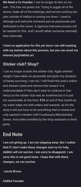 Pleas for a cofounder or outside financial donation, and a want to continue fighting for the sites existence