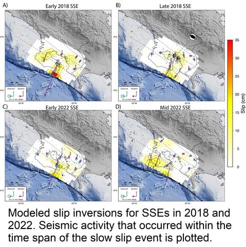 graphic - maps - Modeled slip inversions for SSEs in 2018 and 2022. Seismic activity that occurred within the time span of the slow slip event is plotted.