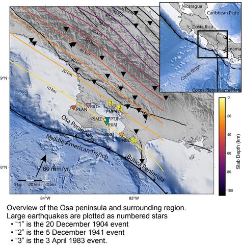 graphic - maps - Overview of the Osa peninsula and surrounding region. Large earthquakes are plotted as numbered stars. “1” is the 20 December 1904 event, “2” is the 5 December 1941 event, and “3” is the 3 April 1983 event.