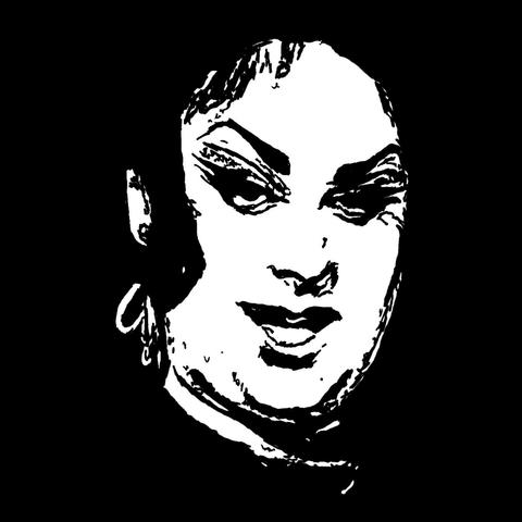 Pen drawing of Divine dress in drag smiling coyly drawn on a black background.