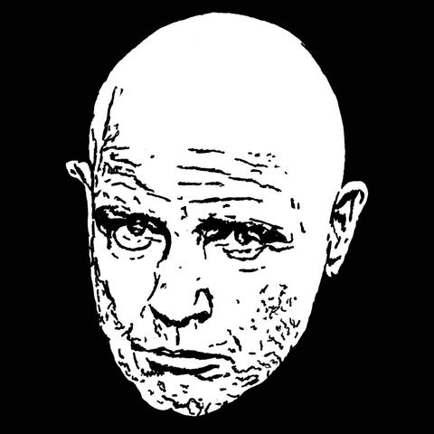 Pen drawing of a bald Marlon Brando looking irritated drawn on a black background.