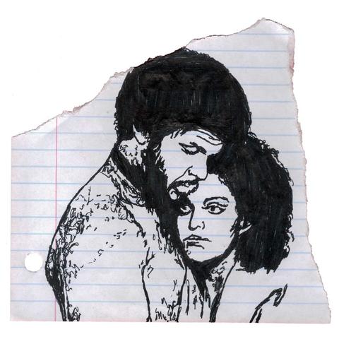 Pen drawing of Leon Isaac Kennedy and Jayne Kennedy embracing on a torn notebook page.