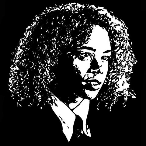 Pen drawing of a smiling Rachel True as Rochelle in The Craft drawn on a black background.