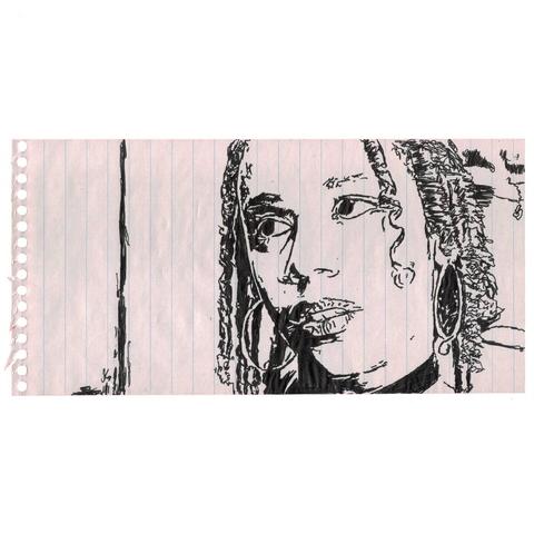 Pen drawing of Rachel True drawn on a long spiral notebook page.