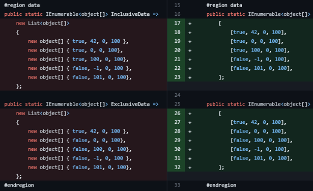 Screenshot of a code diff, showing the difference between old explicit definitions with lots of repetative boiler plate, against the new code which only shows the data.
