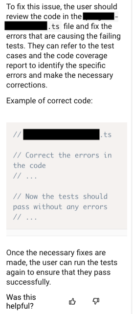a screenshot of a recommendation that suggests I should simply fix the code. The example code given below is made up entirely of three comment blocks reading:

// Correct the errors in
the code
// …

// Now the tests should
pass without any errors
// …