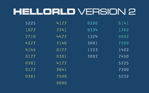 A slide marked "HELLORLD Version 2", containing 34 numbers, each composed of four octal digits. Some are white, some yellow, some cyan, and some green.