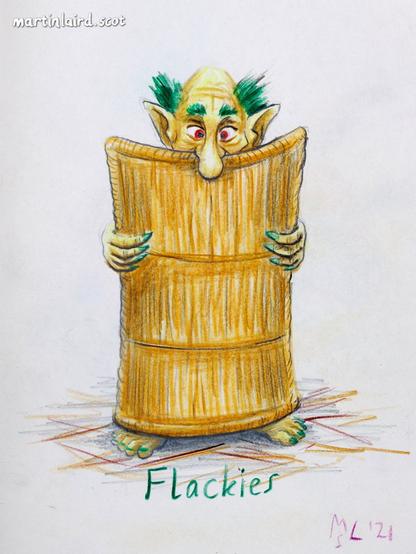 A "trow" or goblin-like creature with green hair, yellow skin and red eyes, holding up a flackie, or straw mat. Coloured pencil drawing.