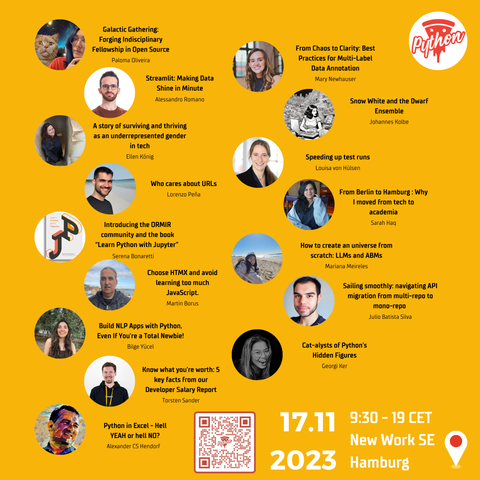 Poster with pictures of all the speakers, title of their talks and names. Also date and time of the Hamburg Python Pizza event with QR code leading to website