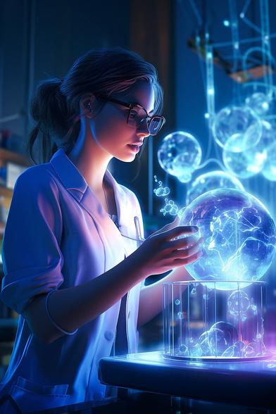 AI-generated female scientist doing hands-on research with a globe filled with network-like electrical currents. Represents AI and technology research.