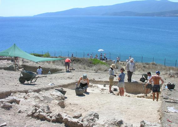 An excavation on a coastline against a vast expanse of bright blue water