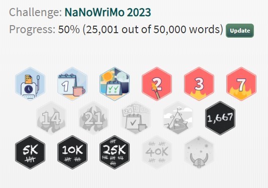 Screenshot from NaNoWriMo site showing I've just hit 25,000 words (well, 25,001, to be exact).