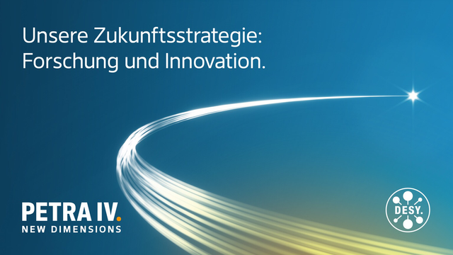 Ein Strahl in weiß auf einem blauen Hintergrund, wo den Text steht: Unsere Zukunftsstrategie: Forschung und Innovation.