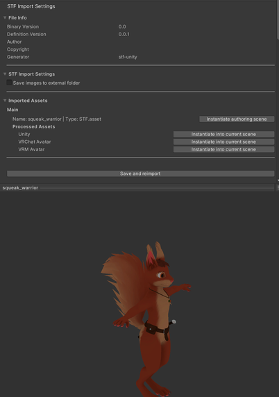 Screenshot of the STF importer inspector in Unity, showing the import options for my squirrel warrior avatar.