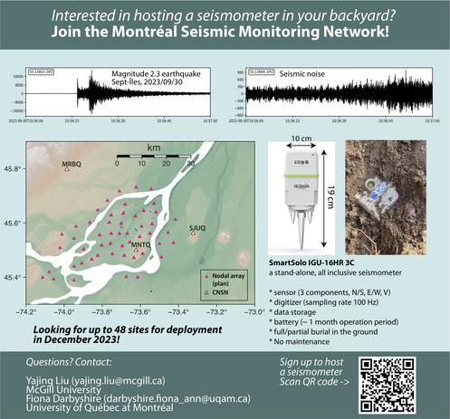 A request for interested persons to place a seismometer in their Montreal backyard (no power or maintenance required).
