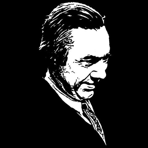 Pen drawing of Bela Lugosi smiling and wearing a suit drawn on a black background.