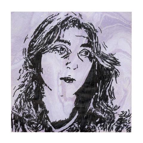 Pen drawing of a scared looking woman drawn on a marble Post-It note.
