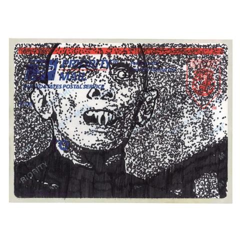 Pen drawing of a vampire-esque monster drawn on a Postal sticker.