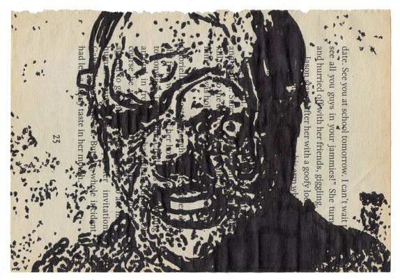 Pen drawing of Toxie with gritted teeth from The Toxic Avenger Part II drawn on a torn-out book page.