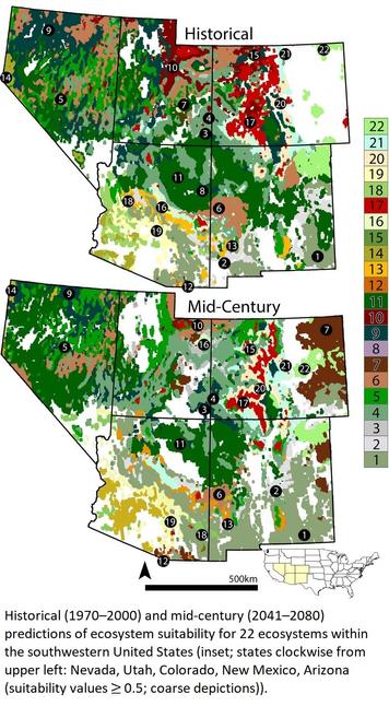maps - Historical (1970–2000) and mid-century (2041–2080) predictions of ecosystem suitability for 22 ecosystems within the southwestern United States (inset; states clockwise from upper left: Nevada, Utah, Colorado, New Mexico, Arizona (suitability values >= 0.5; coarse depictions)).