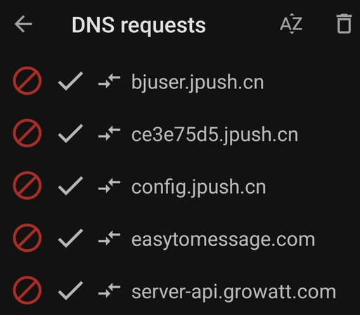 A screenshot of AdAway showing requests to Chinese servers.