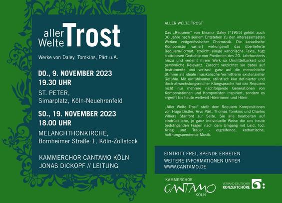 Handzettel für Konzert "aller Welte Trost", Werke von Daley, Tomkins, Pärt, Reger, Distler u.a.
Sonntag, 19. November 2023 18:00
Melanchthonkirche, Bornheimer Str. 1, 50969 Köln-Zollstock
