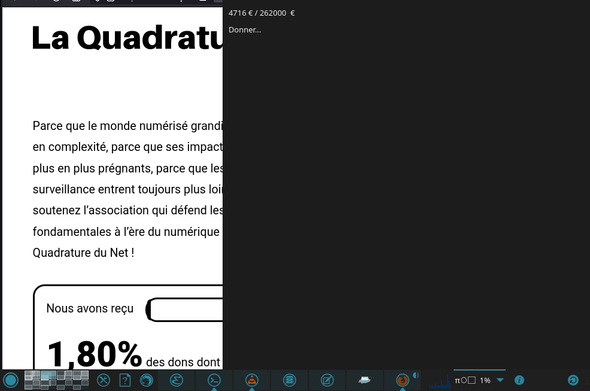Capture d'écran de la page de don de La Quadrature du Net, montrant 1,80% reçu, et le menu kargos montrant le calcul par rapport au total demandé.