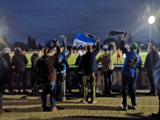 Fans bei einem Spiel der ersten Hertha Frauen, von hinten fotografiert, beim Support.