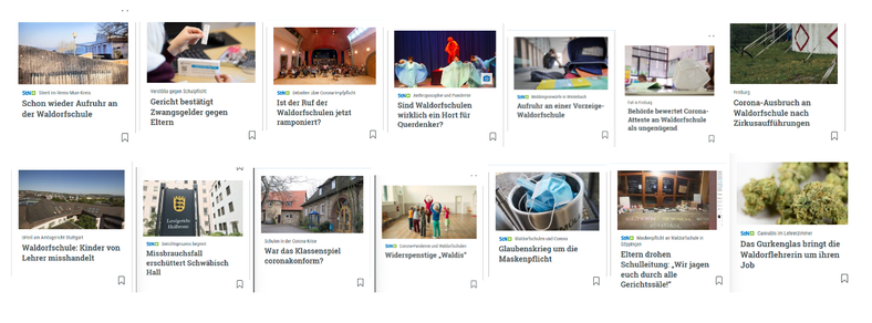 Screenshots der Artikel-Vorschau der Stuttgarter Nachrichten mit 10 Bildern, unter anderem: Waldorfschule und Querdenker, Reichsbürger, Impfgegner, Gewalt, Misshandlungen, Verstöße gegen Corona-Schutzmaßnahmen, Drogen im Umlauf uvm.