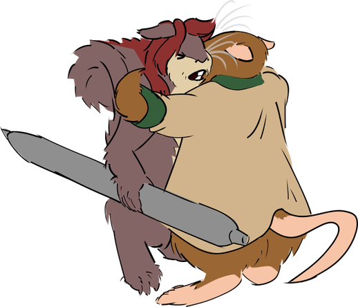 A mouse in a coat hugs a squirrel with red hair and a matching red stripe on his tail. The squirrel grits his rodent teeth and clutches a stylus about as big as he is. The squirrel and the mouse are about the same size.