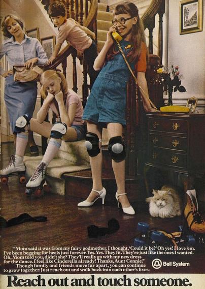 Young woman is on the phone wearing  high heals after roller skating. Her friend sits and yerns for her heals. Mom looks on in approval while the young brother looks perplexed. There is a cat sitting under the telephone stand. She is calling her aunt Connie to thank her for the new shoes.