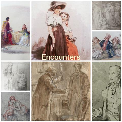 Images of encounters between people from 19th century drawings