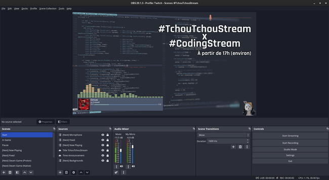 Capture d'OBS avec la scnène d'attente montrant en fond du code dans vim, devant un widget "Now Playing". En bas à droite le famous lapin bleu en peluche. En haut à droite le texte : "#TchouTchouStream x #CodingStream". Puis en dessous : "À partir de 17h (environ)".
