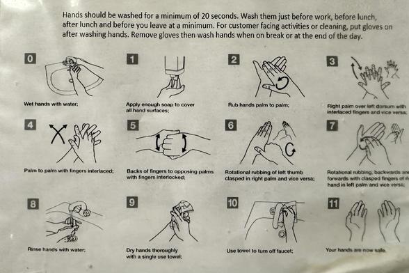 A poster next to the sink in a restroom shows how to wash hands VERY THOROUGHLY. Twelve illustrations, numbered 0 to 11.