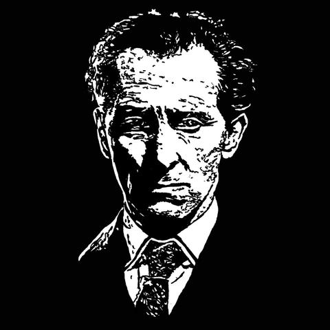Pen drawing of Peter Cushing in gothic attire in profile drawn on a black background.