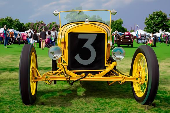 Color photo of a very old car at an outdoor auto show looking face on.  The photo has been modified with generative AI to give it a Psychedelic feel.