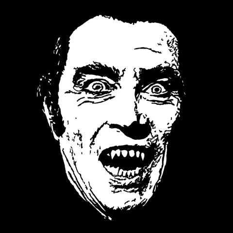 Pen drawing of Robert Quarry's smiling vampire face with sharp teeth drawn on a black background.