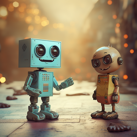 Zwei Roboter, die freundlich in die Kamera blicken.