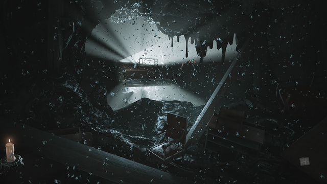 Zrzut ekranu z gry "Layers of Fear" przedstawiający bliżej nieokreślone otoczenie całkowicie stworzone z czarnej, bezkształtnej masy, która błyszczy i przelewa się niczym zgęstniały atrament tworząc coś na kształt jaskini. W powietrzu, wokoło nas, unoszą się miliony drobnych odłamków szkła, które ranią naszego bohatera. Przed nami, ledwo wystając z czarnej masy, znajdują się drewniane belki, komody z ciemnego drewna oraz ozdobne krzesło obite czerwoną skórą. W głębi, wisząc w otchłani, znajduje się bogato zdobione pianino z którego wnętrza wydobywa się oślepiająco jasne, trupio-białe światło.