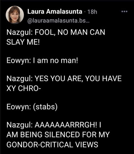 a post from laura amalasunta from bluesky that says

Nazgul: FOOL, NO MAN CAN SLAY ME! 

Eowyn: I am no man! 

Nazgul: YES YOU ARE, YOU HAVE XY CHRO- 

Eowyn: (stabs) 

Nazgul: AAAAAAARRRGH! I AM BEING SILENCED FOR MY GONDOR-CRITICAL VIEWS