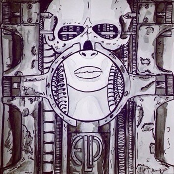 Version of Giger’s Giger ish cover, featuring a skull, a woman’s lips, lots of steel, bolts and screws.