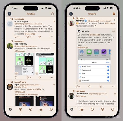 iPhone screenshots of Mona App for Mastodon custom theme called ‘Linen’: Featuring Light Grayish Orange background, very dark grey for text, dark orange (brown tone) for links, vivid red for hashtags.