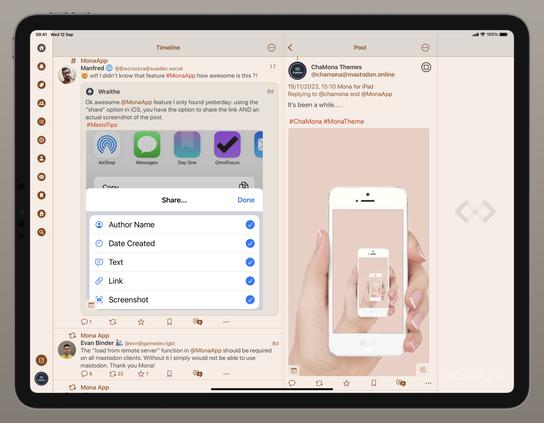 iPad screenshot of Mona App for Mastodon custom theme called ‘Linen’: Featuring Light Grayish Orange background, very dark grey for text, dark orange (brown tone) for links, vivid red for hashtags.