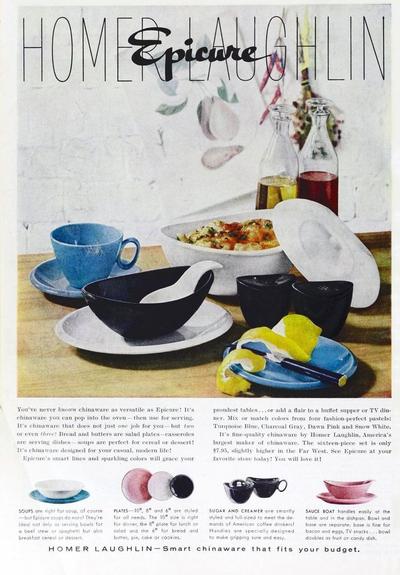 Very modern dishes in turquoise, black, white, and rose pink.