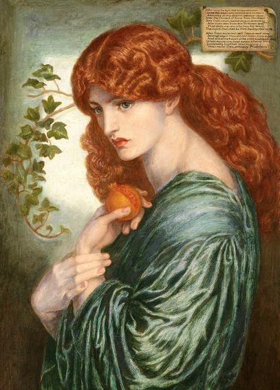 Young woman in green gown and vivid red hair holds a pomegranate in her left hand Victorian Pre-Raphaelite art