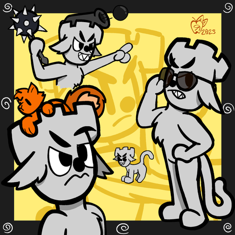 Four pictures of Castle Cat from Mausland Entertainment doing stuff. Bottom left has Castle Cat looking annoyed at the squirrel camping on his castle head (the squirrel is from Squirrel Squash, another game from Mausland), center has a chibi of Castle Cat, bottom right has Castle Cat wearing sunglasses and glaring, and top left has Castle Cat with a mace and a cannon firing a cannonball.